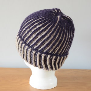 Purple & Beige Brioche Beanie Hat Knitted Reversible Ribbed Merino Wool Unisex Outdoors Gift image 2