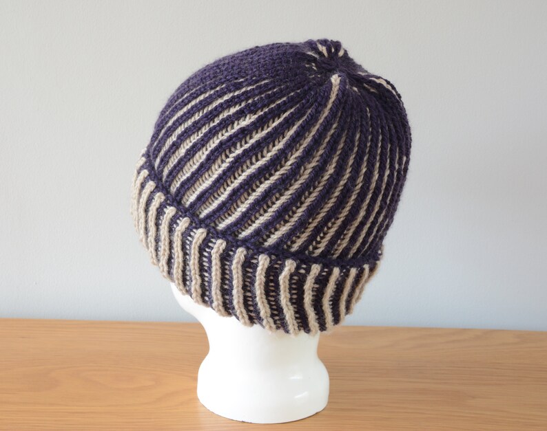 Purple & Beige Brioche Beanie Hat Knitted Reversible Ribbed Merino Wool Unisex Outdoors Gift image 2