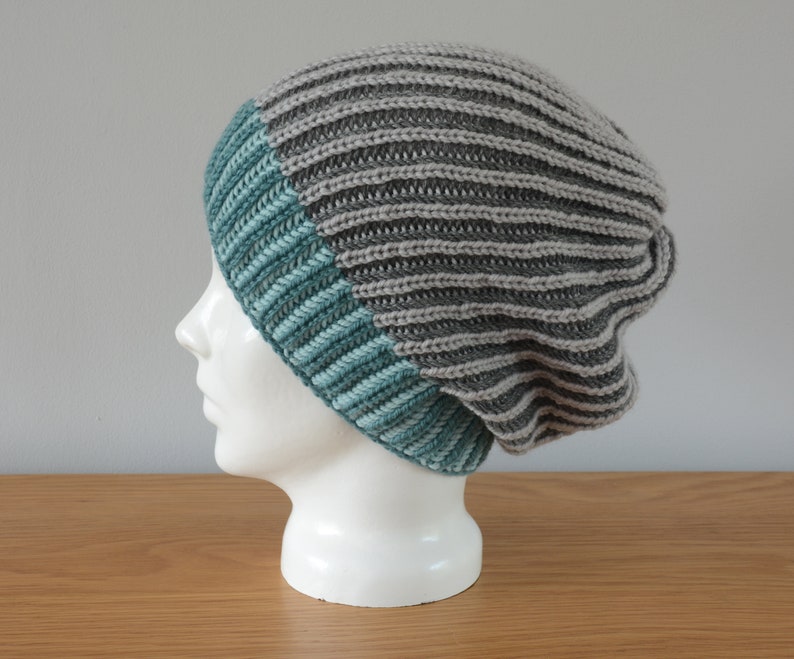 Grey & Blue Brioche Beanie Hat Green Knitted Reversible Ribbed Merino Wool Unisex Outdoors Gift image 4
