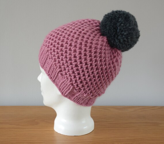 Pink Hat - Fisherman Honeycomb Beanie Grey Pom Pom Knitted  display picture 2