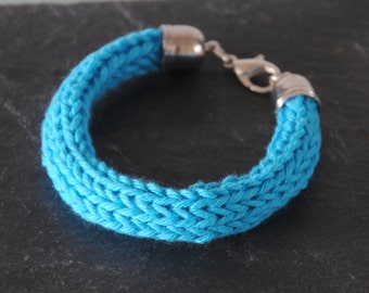 Blue Knitted Bracelet - Chunky Cotton Bangle Colourful Jewellery Unisex Gift