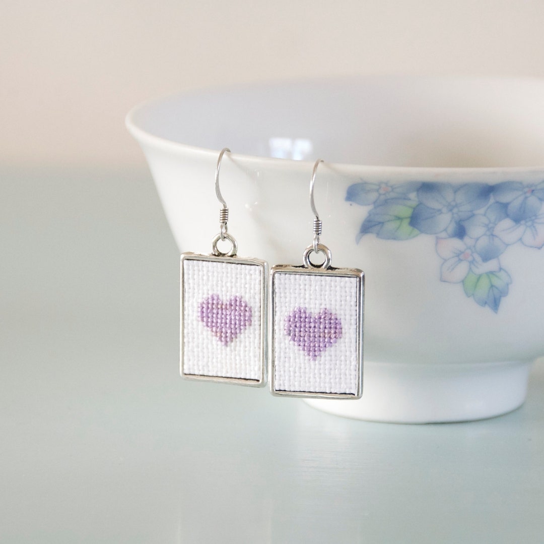 Lilac Cross Stitch Heart Earrings Purple Rectangle Frame Etsy