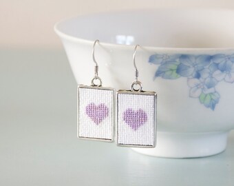 Lilac Cross Stitch Heart Earrings - Purple Rectangle Frame Jewellery Valentine's Day Anniversary Gift