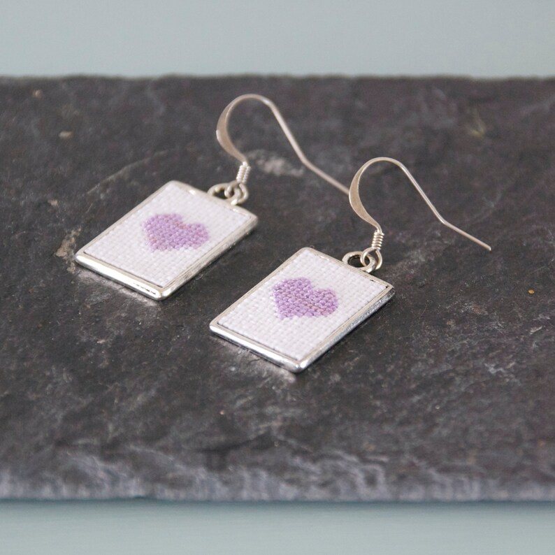 Lilac Cross Stitch Heart Earrings Purple Rectangle Frame Etsy