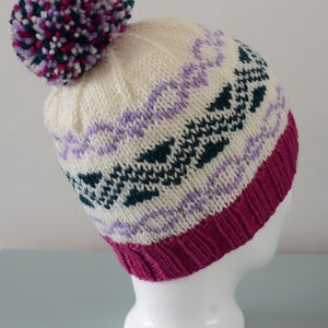 Cream Fair Isle Beanie Hat Green Lavender Pink Modern Knitted Zig Zag Merino Wool Pom Pom Unisex Winter Accessory image 5