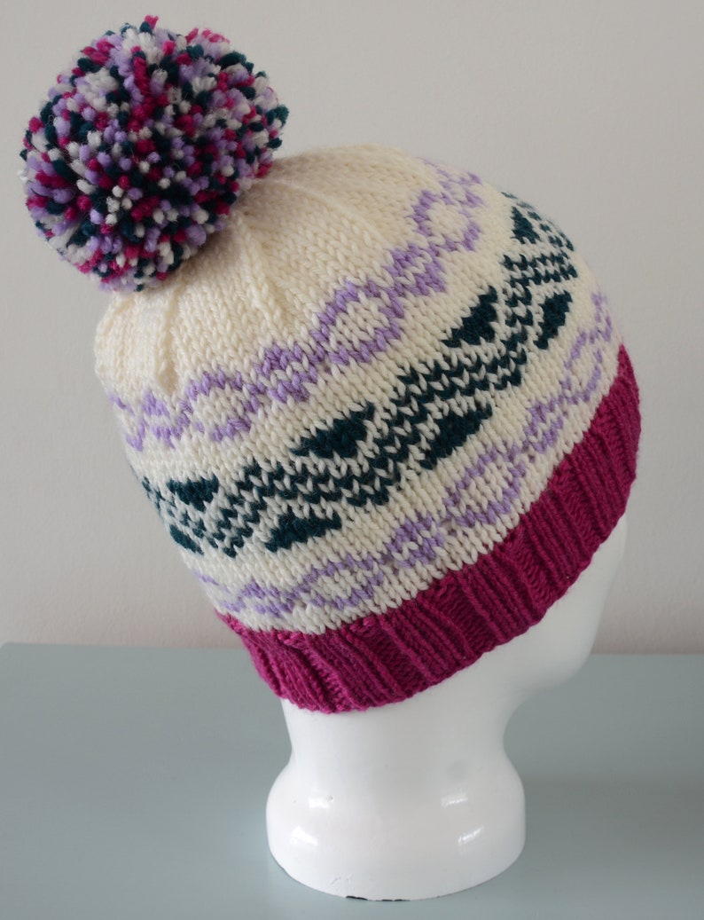 Cream Fair Isle Beanie Hat Green Lavender Pink Modern Knitted Zig Zag Merino Wool Pom Pom Unisex Winter Accessory image 5