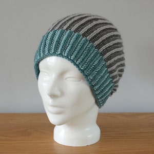 Grey & Blue Brioche Beanie Hat Green Knitted Reversible Ribbed Merino Wool Unisex Outdoors Gift image 5