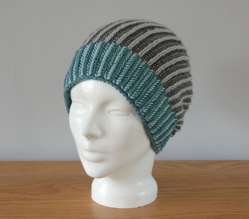 Grey & Blue Brioche Beanie Hat Green Knitted Reversible Ribbed Merino Wool Unisex Outdoors Gift image 5