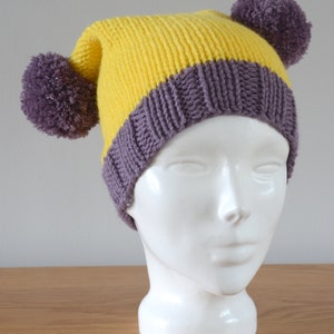 Yellow Purple Double Pom Pom Hat Knitted Beanie Merino Wool Unisex Winter Accessory Colourful Outdoors Gift image 3