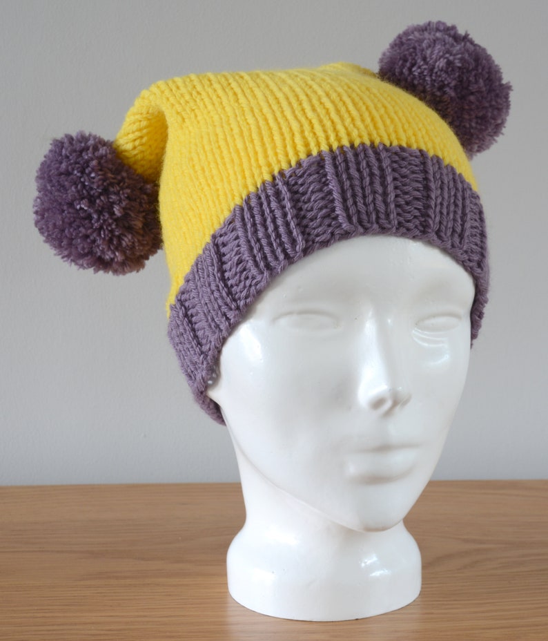 Yellow Purple Double Pom Pom Hat Knitted Beanie Merino Wool Unisex Winter Accessory Colourful Outdoors Gift image 3