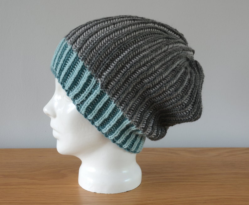 Grey & Blue Brioche Beanie Hat Green Knitted Reversible Ribbed Merino Wool Unisex Outdoors Gift image 6