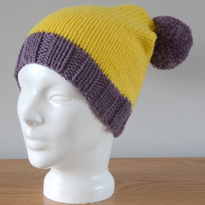 Yellow Purple Double Pom Pom Hat Knitted Beanie Merino Wool Unisex Winter Accessory Colourful Outdoors Gift image 4
