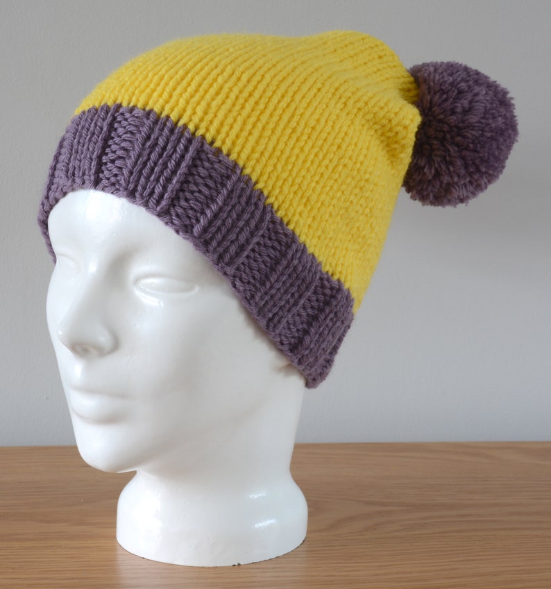 Yellow Purple Double Pom Pom Hat Knitted Beanie Merino Wool Unisex Winter Accessory Colourful Outdoors Gift image 4