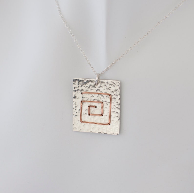 Square Spiral Necklace Hammered Pendant Sterling Silver Wire Wrapped Metalwork Jewellery image 2