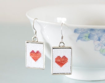 CLEARANCE - Orange Heart Cross Stitch Earrings - Red Embroidered Rectangle Frame Valentine's Day Gift