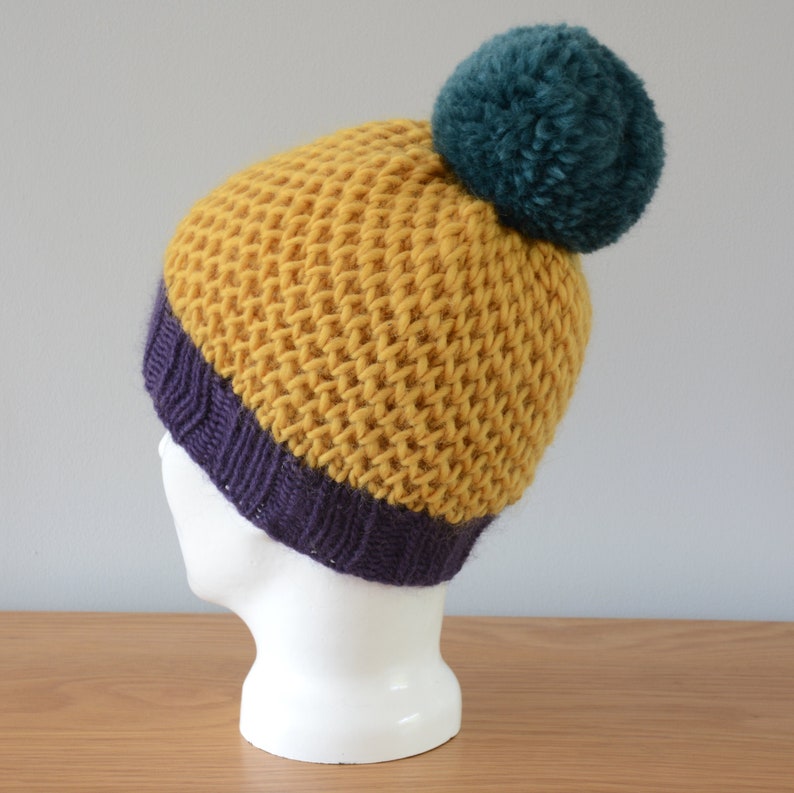 Yellow Hat Fisherman Honeycomb Beanie Purple Green Pom Pom Knitted Wool Unisex Winter Accessory Gift image 1