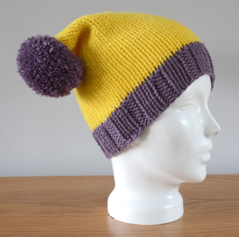 Yellow Purple Double Pom Pom Hat Knitted Beanie Merino Wool Unisex Winter Accessory Colourful Outdoors Gift image 2