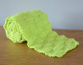 Lime Green Basketweave Scarf - Chunky Knitted Bright Merino Wool Acrylic Unisex Winter Gift