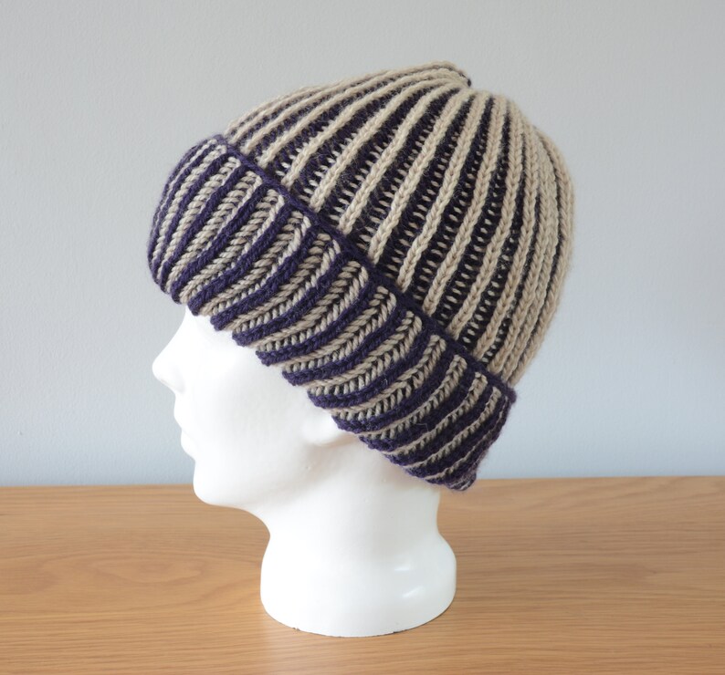 Purple & Beige Brioche Beanie Hat Knitted Reversible Ribbed Merino Wool Unisex Outdoors Gift image 4