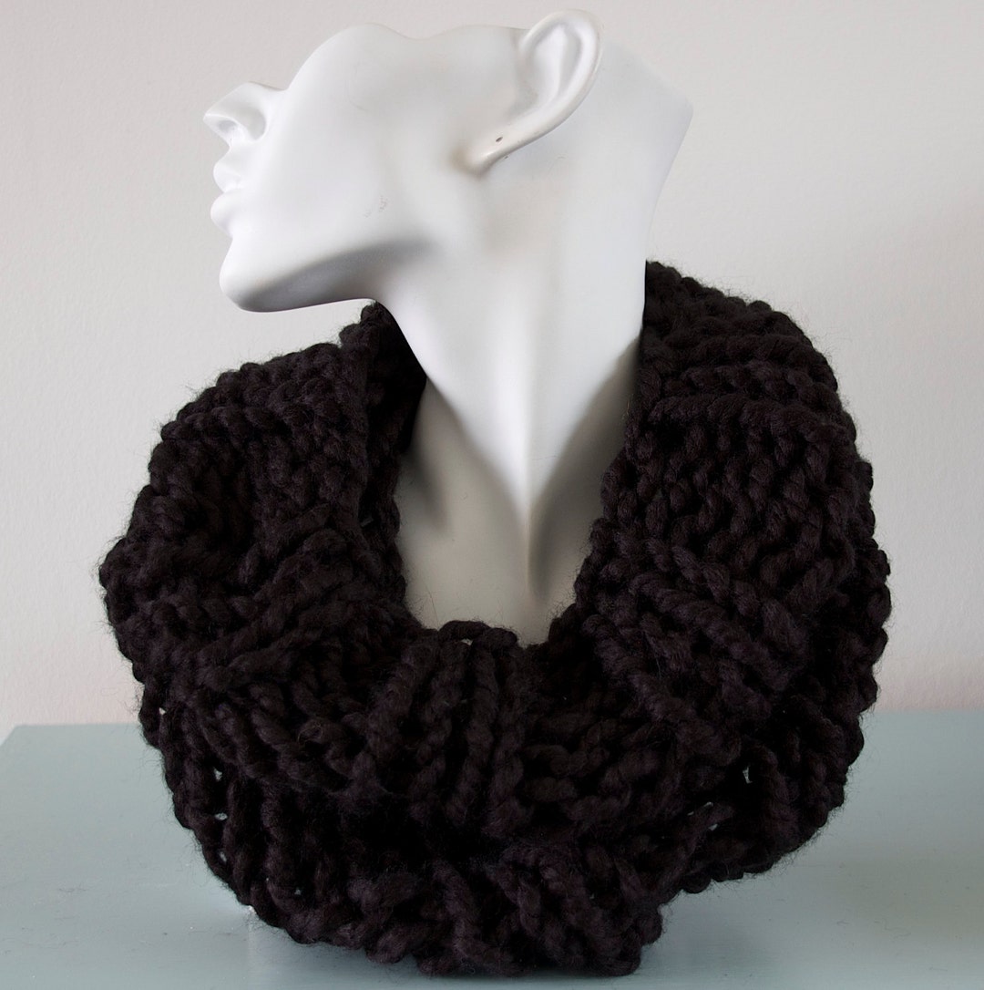 Black Knitted Cowl - Chunky Infinity Scarf Bulky Wool Acrylic Winter ...