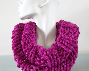 Pink Knitted Cowl - Chunky Bold Purple Fuschia Infinity Scarf Bulky Wool Winter Accessory Gift