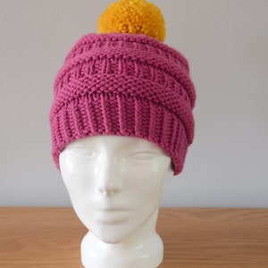 Pink Ribbed Beanie Chunky Merino Wool Hat Yellow Pom Pom Knitted Winter Accessory Gift image 2