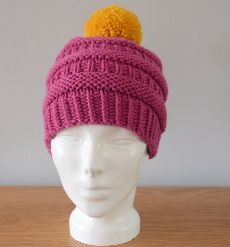 Pink Ribbed Beanie Chunky Merino Wool Hat Yellow Pom Pom Knitted Winter Accessory Gift image 2