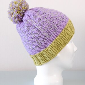 Lavender Heart Fair Isle Beanie Hat Pistachio Grey Modern Knitted Merino Wool Pom Pom Valentine's Day Gift image 4