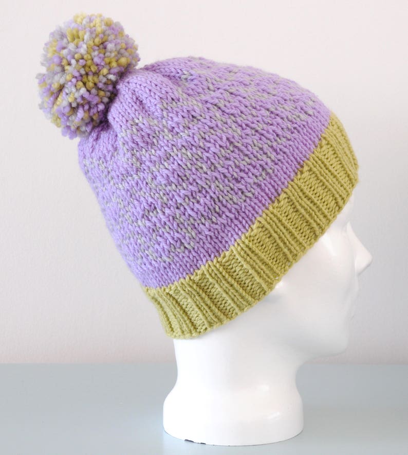 Lavender Heart Fair Isle Beanie Hat Pistachio Grey Modern Knitted Merino Wool Pom Pom Valentine's Day Gift image 4