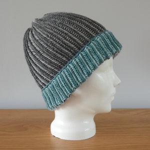 Grey & Blue Brioche Beanie Hat Green Knitted Reversible Ribbed Merino Wool Unisex Outdoors Gift image 7