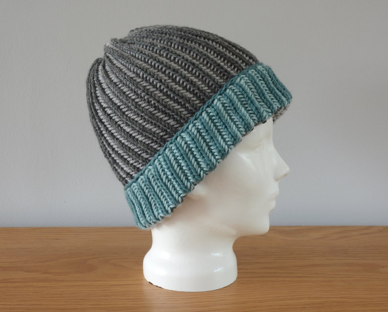 Grey & Blue Brioche Beanie Hat Green Knitted Reversible Ribbed Merino Wool Unisex Outdoors Gift image 7