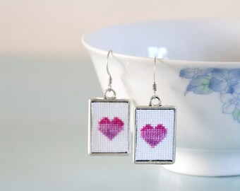 CLEARANCE - Pink Cross Stitch Heart Earrings - Purple Embroidered Rectangle Frame Jewellery Valentine's Day Gift