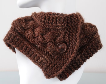 Brown Cable Neckwarmer - Chocolate Scarf Collar Chunky Merino Wool Scarflette Button Winter Accessory Gift