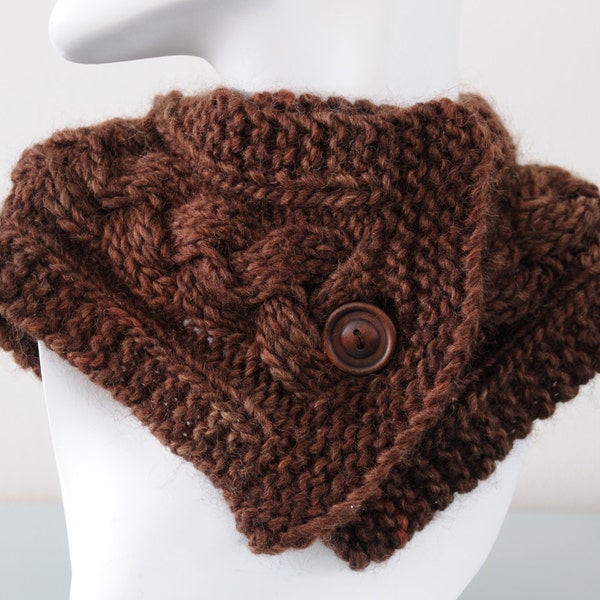 Brown Cable Neckwarmer - Chocolate Scarf Collar Chunky Merino Wool Scarflette Button Winter Accessory Gift