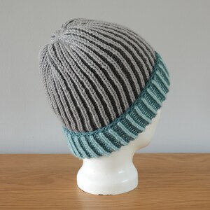 Grey & Blue Brioche Beanie Hat Green Knitted Reversible Ribbed Merino Wool Unisex Outdoors Gift image 2