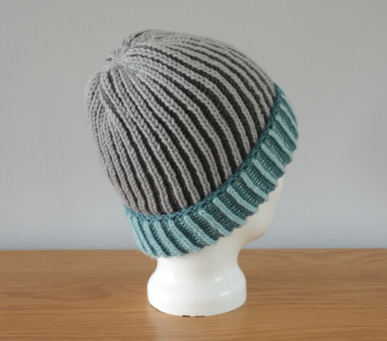 Grey & Blue Brioche Beanie Hat Green Knitted Reversible Ribbed Merino Wool Unisex Outdoors Gift image 2