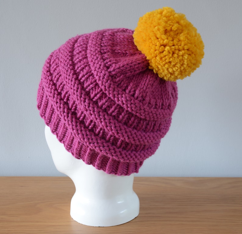 Pink Ribbed Beanie Chunky Merino Wool Hat Yellow Pom Pom Knitted Winter Accessory Gift image 1