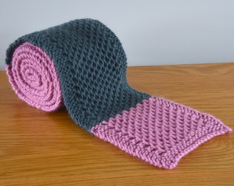 Pink Honeycomb Scarf - Grey Knitted Chunky Fisherman Rib Textured British Wool Winter Accessory Colourful Gift