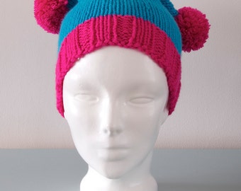 Blue Double Pom Pom Hat - Pink Knitted Beanie Merino Wool Unisex Winter Accessory Outdoors Gift