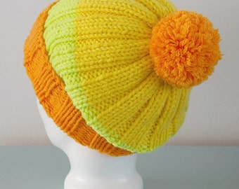 Yellow Orange Beanie Hat - Lime Green Knitted Slouch Merino Wool Pom Pom Unisex Winter Accessory Gift