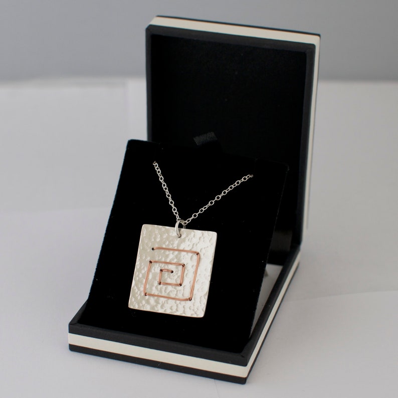 Square Spiral Necklace Hammered Pendant Sterling Silver Wire Wrapped Metalwork Jewellery image 1