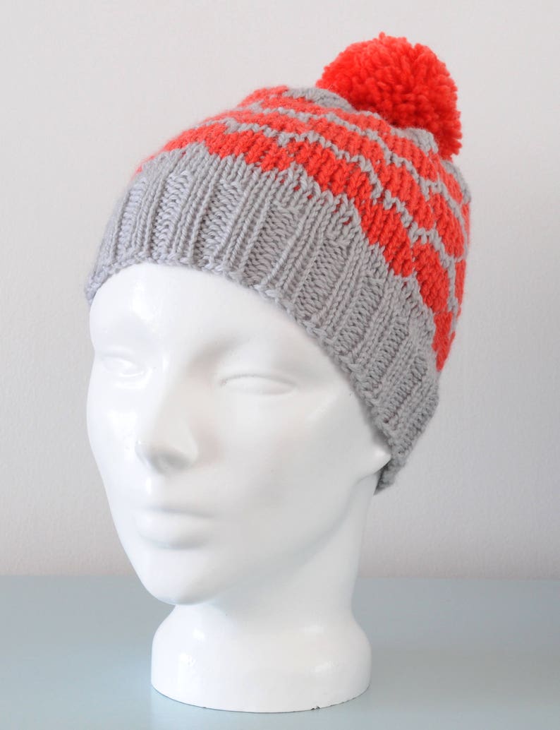 Red Heart Fair Isle Beanie Hat Small Grey Modern Knitted Merino Wool Pom Pom Valentine's Day Gift Winter Accessory image 3