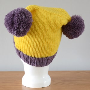 Yellow Purple Double Pom Pom Hat Knitted Beanie Merino Wool Unisex Winter Accessory Colourful Outdoors Gift image 5