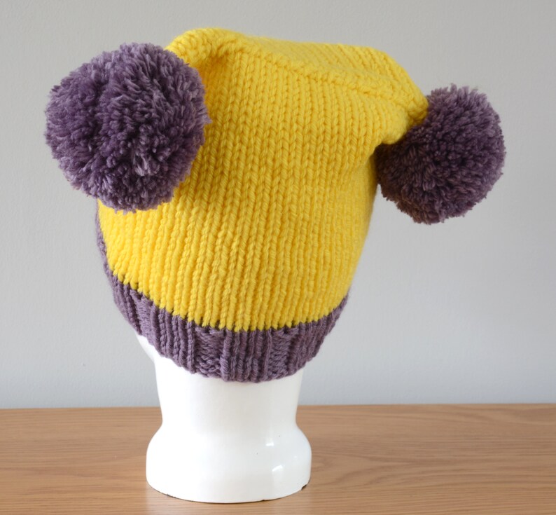 Yellow Purple Double Pom Pom Hat Knitted Beanie Merino Wool Unisex Winter Accessory Colourful Outdoors Gift image 5