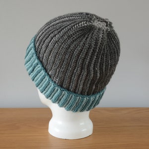 Grey & Blue Brioche Beanie Hat Green Knitted Reversible Ribbed Merino Wool Unisex Outdoors Gift image 8