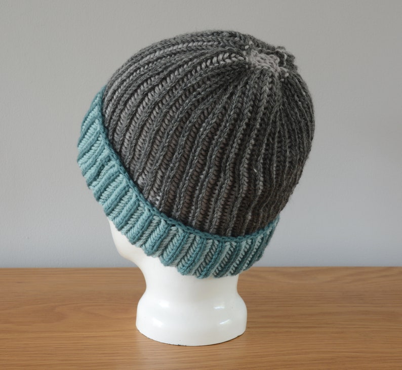 Grey & Blue Brioche Beanie Hat Green Knitted Reversible Ribbed Merino Wool Unisex Outdoors Gift image 8