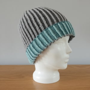 Grey & Blue Brioche Beanie Hat Green Knitted Reversible Ribbed Merino Wool Unisex Outdoors Gift image 1