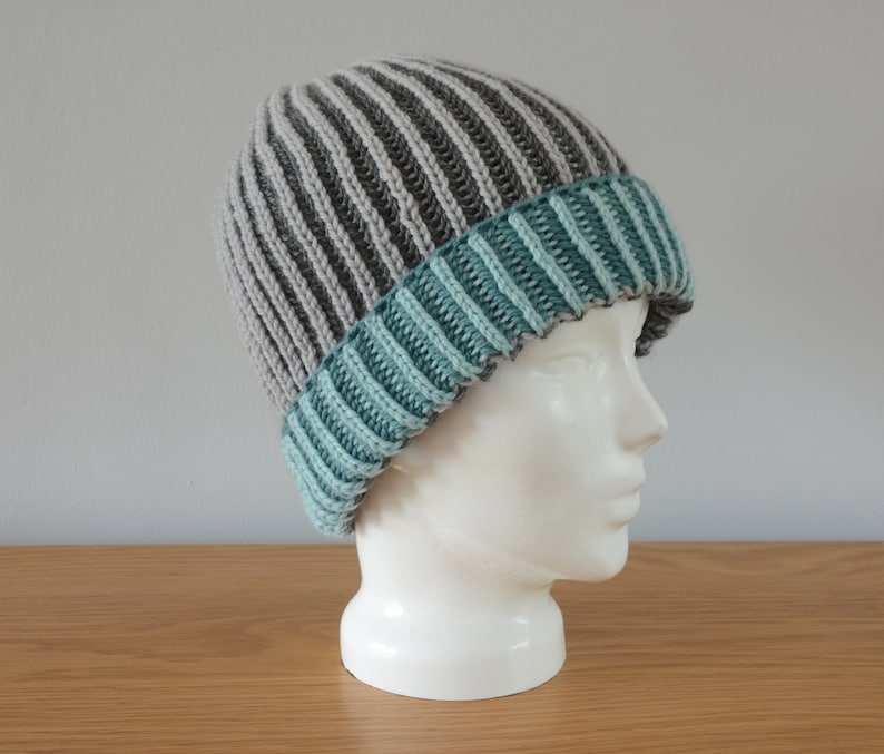 Grey & Blue Brioche Beanie Hat Green Knitted Reversible Ribbed Merino Wool Unisex Outdoors Gift image 1