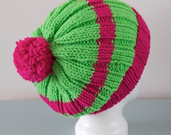 Green Beanie Hat - Pink Knitted Slouchy Chunky Pom Pom Merino Wool Unisex Winter Accessory Gift