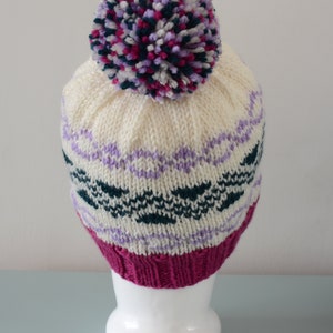 Cream Fair Isle Beanie Hat Green Lavender Pink Modern Knitted Zig Zag Merino Wool Pom Pom Unisex Winter Accessory image 4